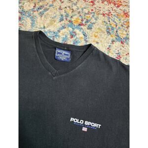 Vintage 90's Polo Sport Ralph Lauren Flag Logo V-Neck T-Shirt Mens Size XL Black